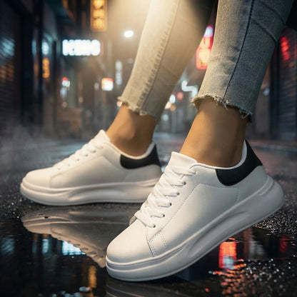Women's Ergonomic White Leather Style Sneakers | Comfortable Footwear