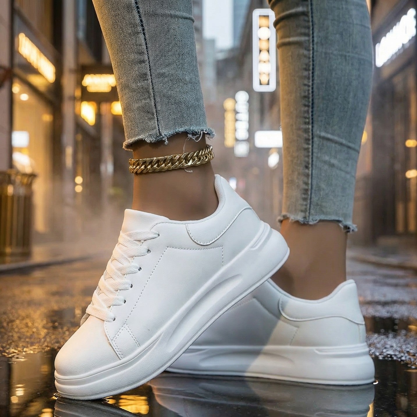 Women's Ergonomic White Leather Style Sneakers | Comfortable Footwear