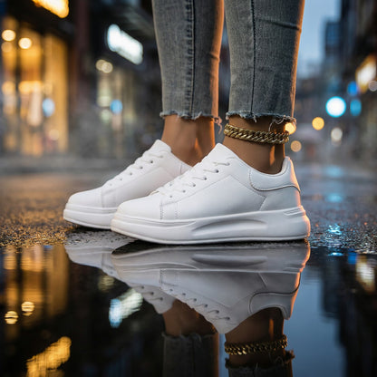 Women's Ergonomic White Leather Style Sneakers | Comfortable Footwear