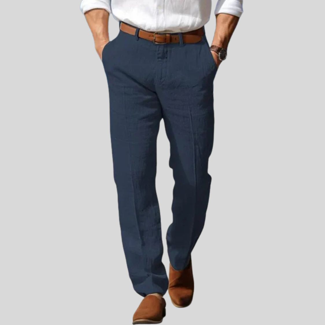 Men's Linen Style Trousers | Belt Loop Waist Straight Fit