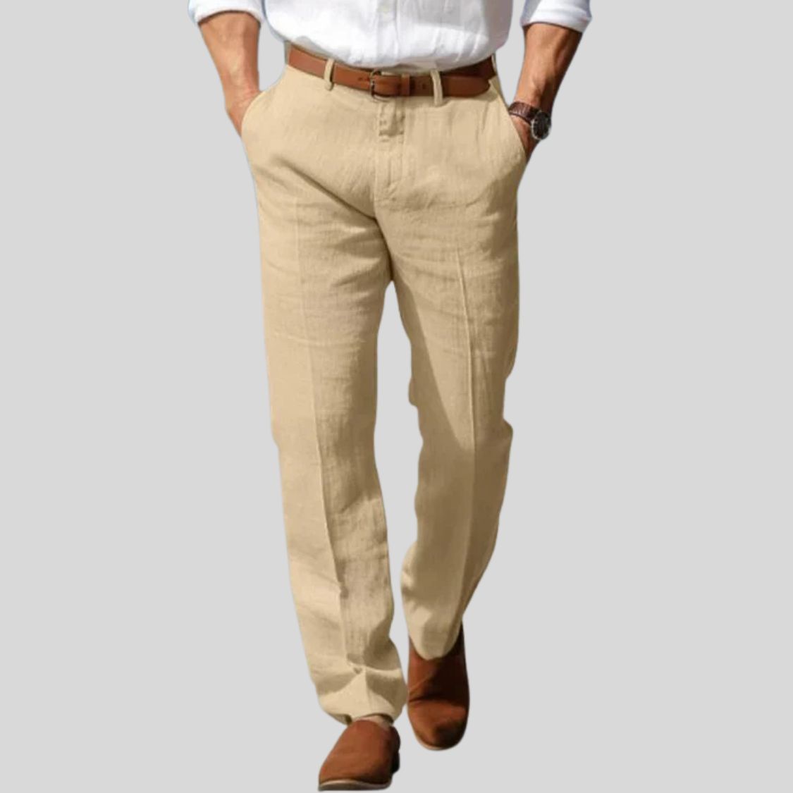 Men's Linen Style Trousers | Belt Loop Waist Straight Fit