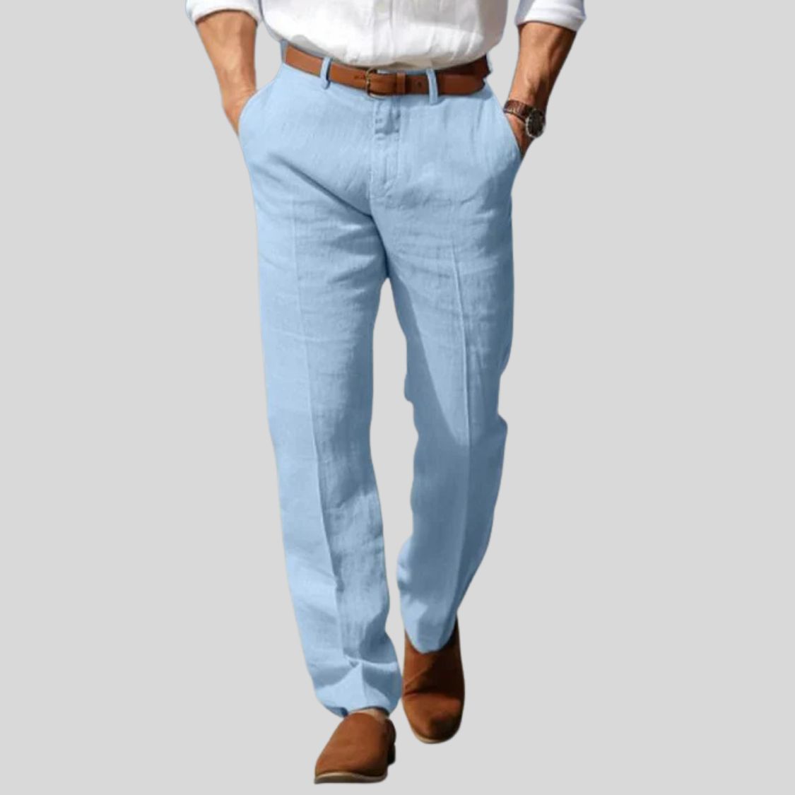 Men's Linen Style Trousers | Belt Loop Waist Straight Fit