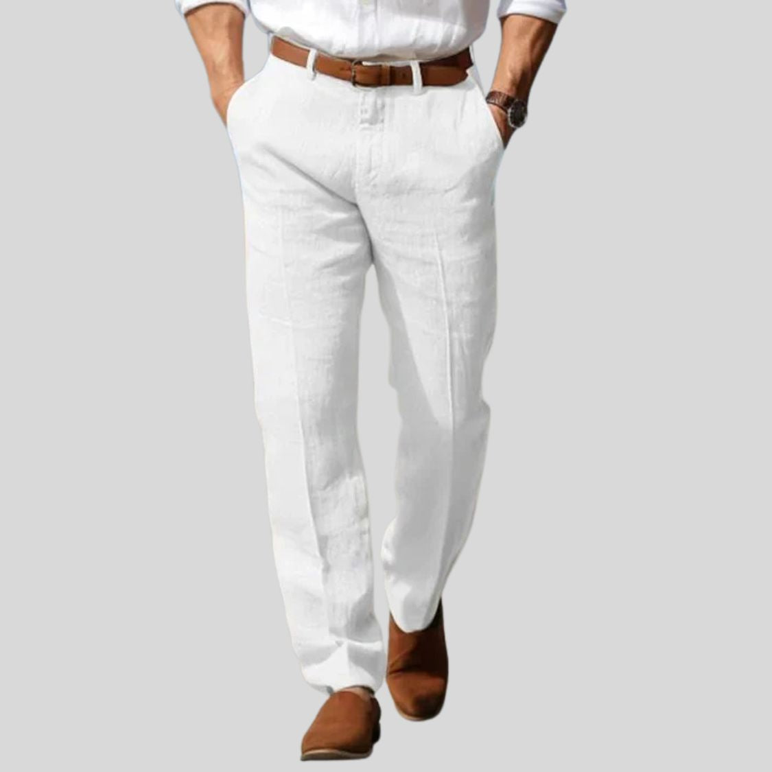 Men's Linen Style Trousers | Belt Loop Waist Straight Fit