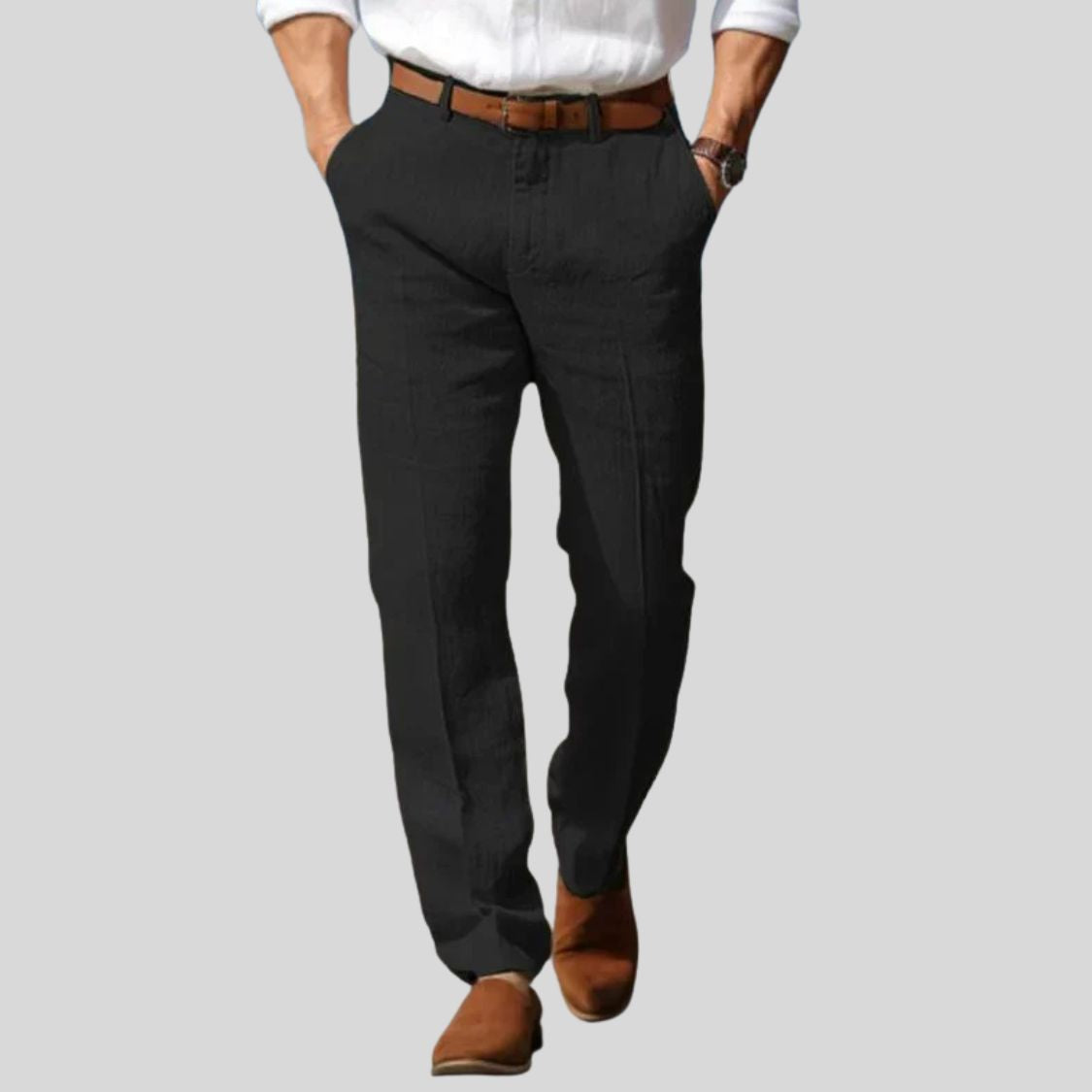 Men's Linen Style Trousers | Belt Loop Waist Straight Fit