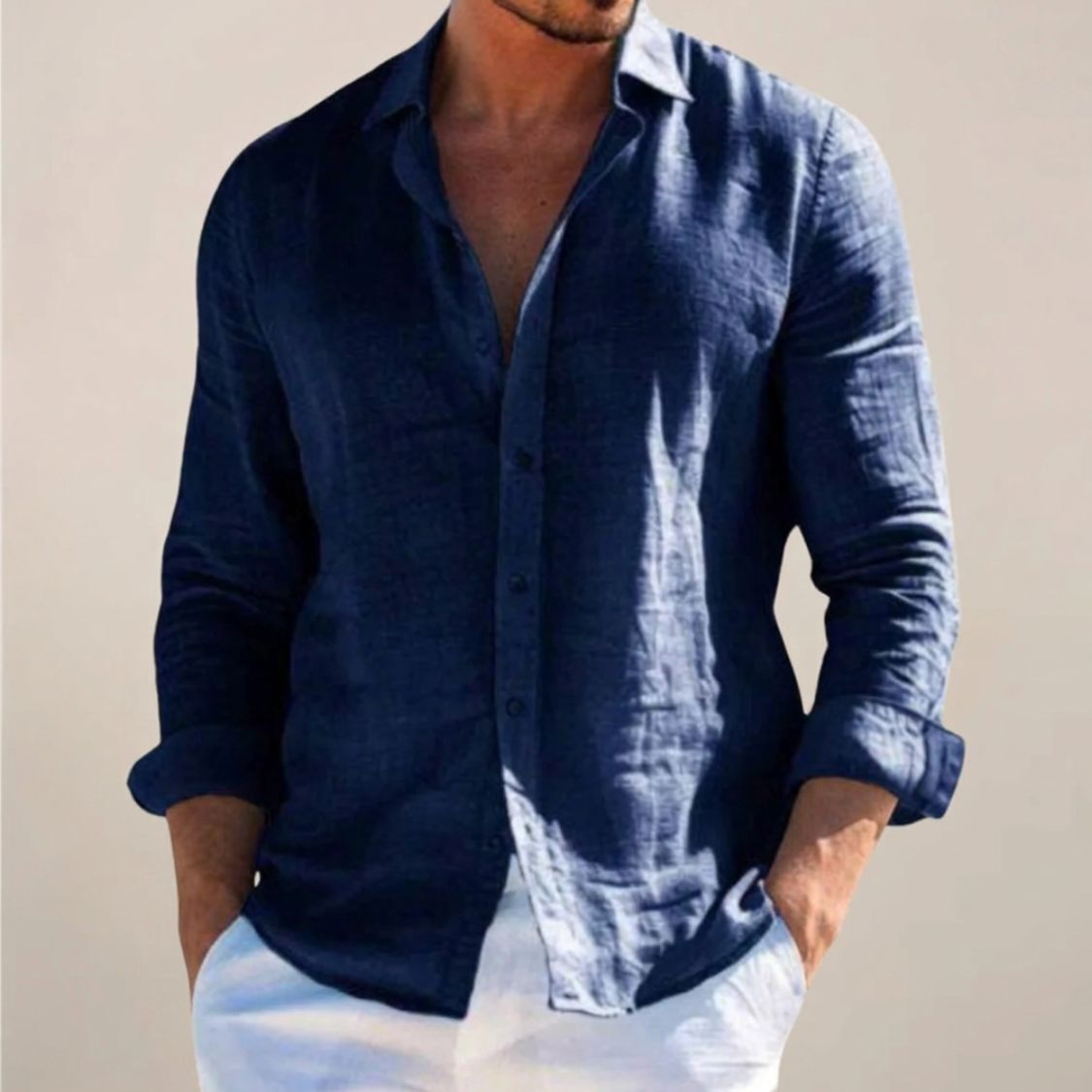 Men's Linen Style Shirt | Long Sleeve Button Cuffs Loose Fit