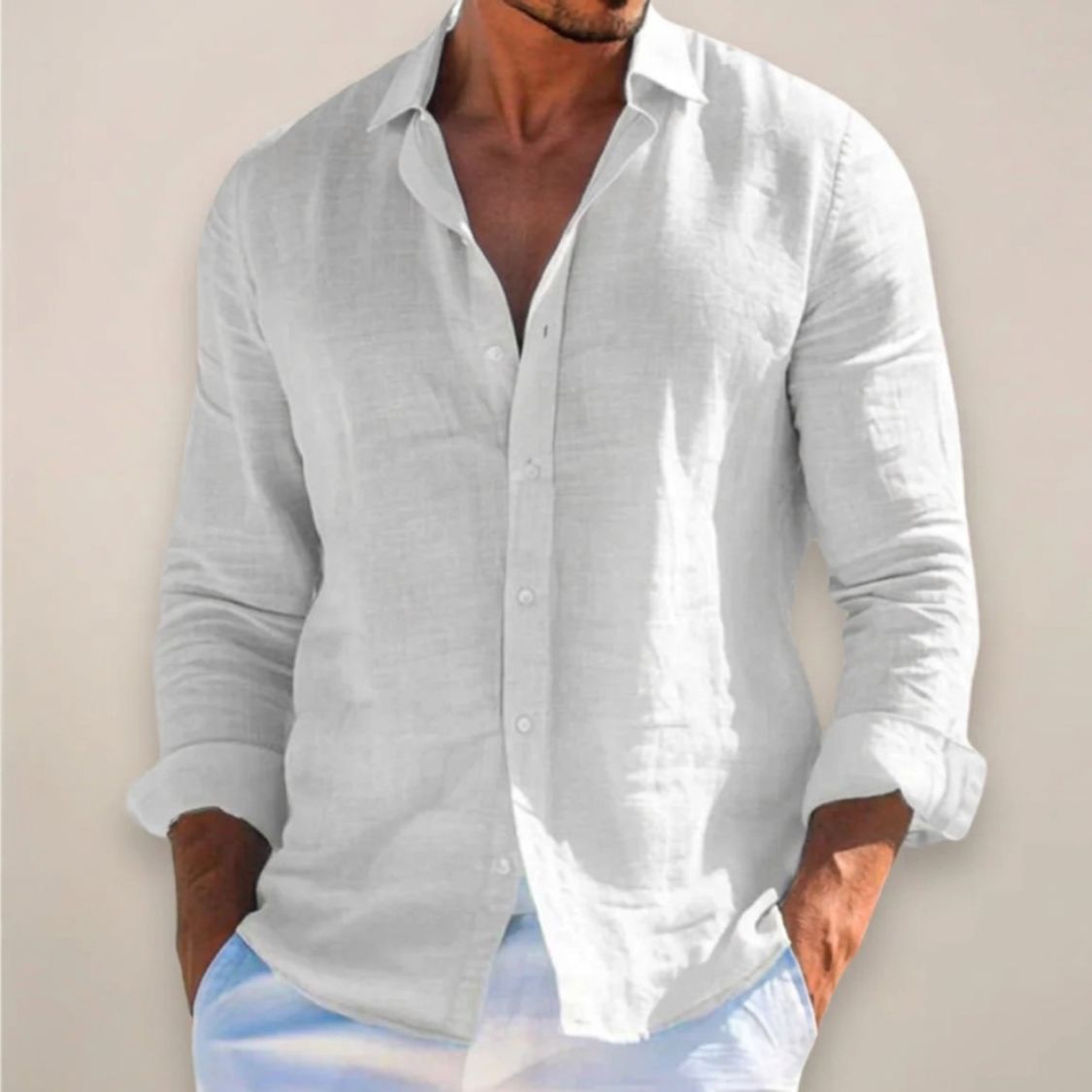 Men's Linen Style Shirt | Long Sleeve Button Cuffs Loose Fit
