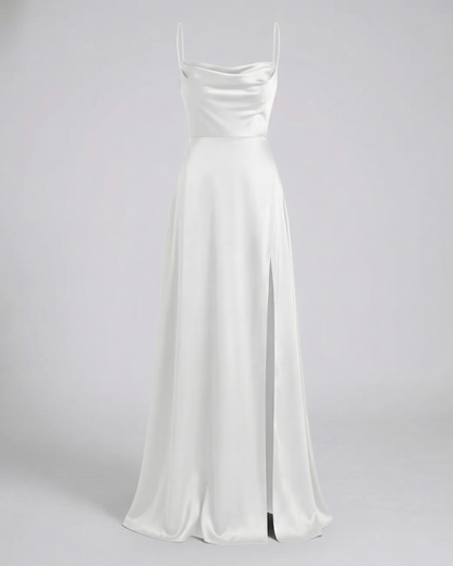 Women's Satin Style Maxi Dress | Cowl Neck Side Slit Evening Dress