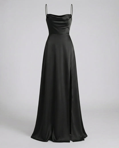 Women's Satin Style Maxi Dress | Cowl Neck Side Slit Evening Dress