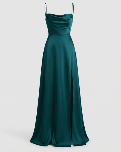 Women's Satin Style Maxi Dress | Cowl Neck Side Slit Evening Dress
