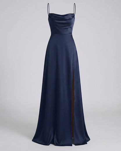 Women's Satin Style Maxi Dress | Cowl Neck Side Slit Evening Dress