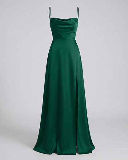 Women's Satin Style Maxi Dress | Cowl Neck Side Slit Evening Dress