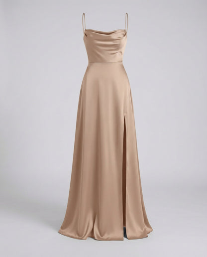 Women's Satin Style Maxi Dress | Cowl Neck Side Slit Evening Dress