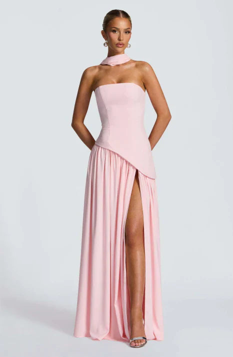 Women's Strapless Maxi Dress | Flowing Chiffon Style with Scarf Detail