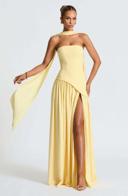 Women's Strapless Maxi Dress | Flowing Chiffon Style with Scarf Detail