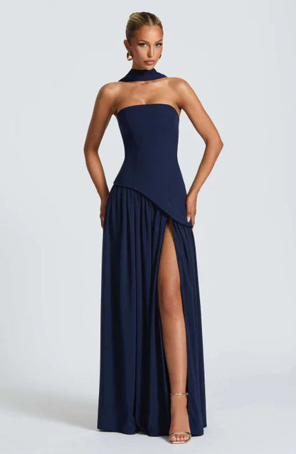 Women's Strapless Maxi Dress | Flowing Chiffon Style with Scarf Detail