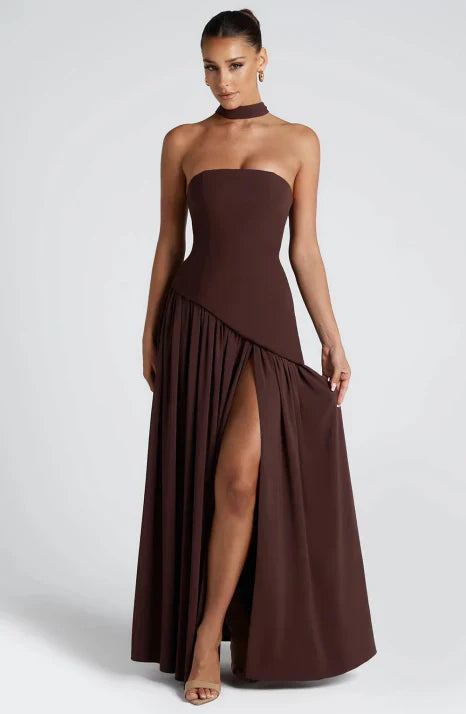 Women's Strapless Maxi Dress | Flowing Chiffon Style with Scarf Detail