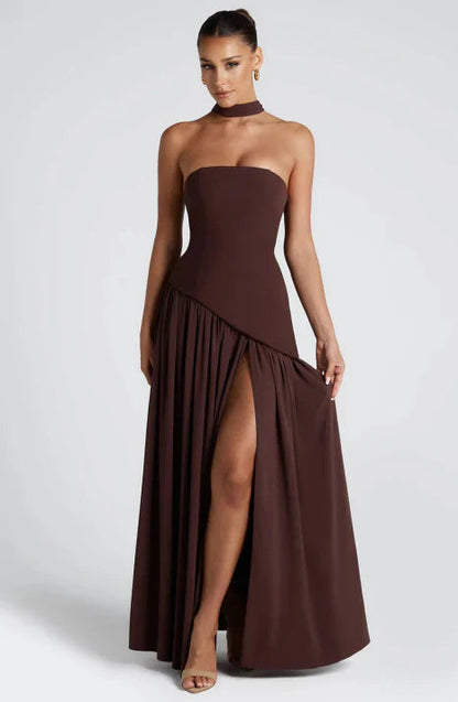 Women's Strapless Maxi Dress | Flowing Chiffon Style with Scarf Detail