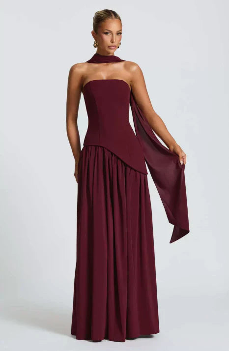 Women's Strapless Maxi Dress | Flowing Chiffon Style with Scarf Detail