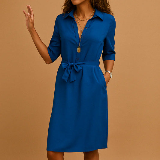Women's Midi Shirt Dress | Lapel Collar & Tie Waist Belt