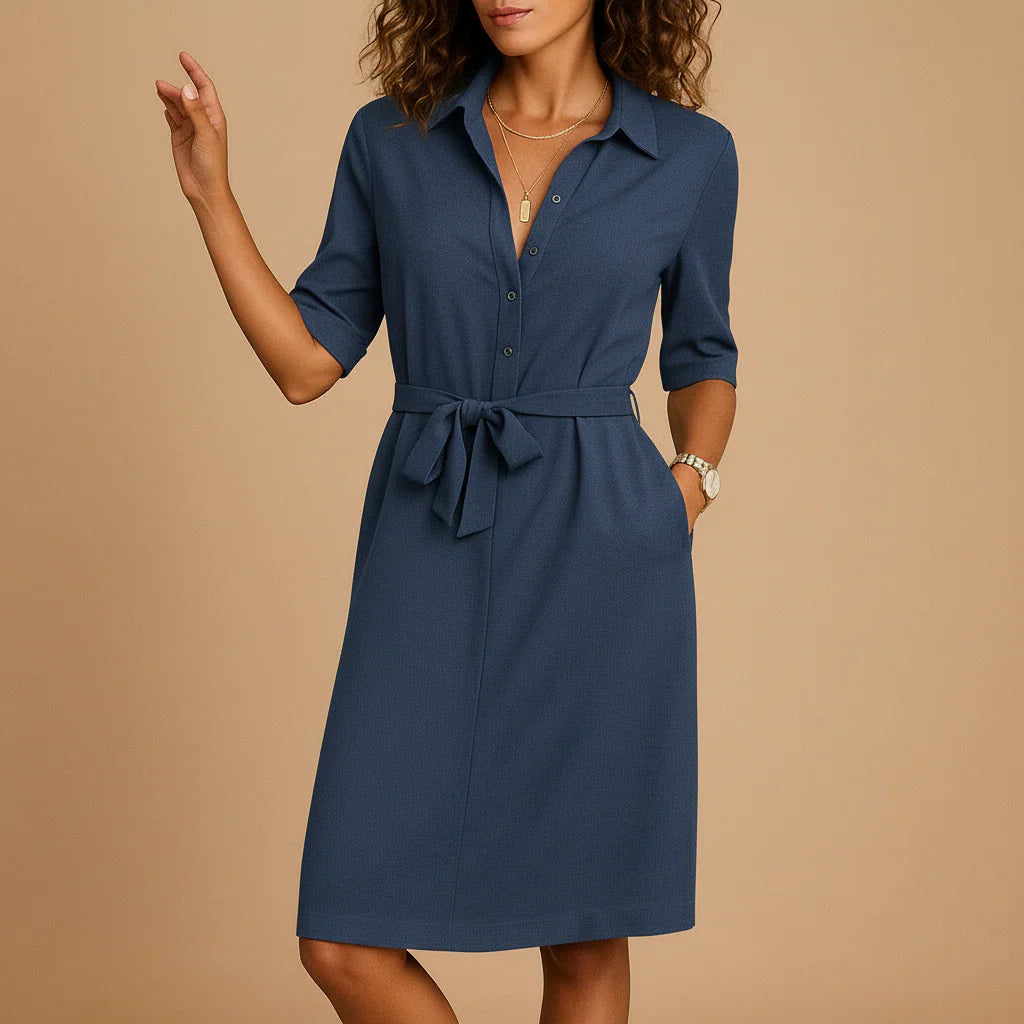 Women's Midi Shirt Dress | Lapel Collar & Tie Waist Belt