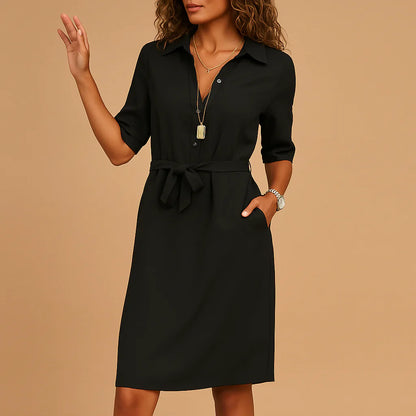 Women's Midi Shirt Dress | Lapel Collar & Tie Waist Belt