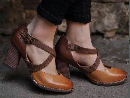 Women's Leather-Style Summer Heels | Light Brown Block Heel