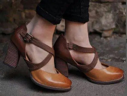 Women's Leather-Style Summer Heels | Light Brown Block Heel