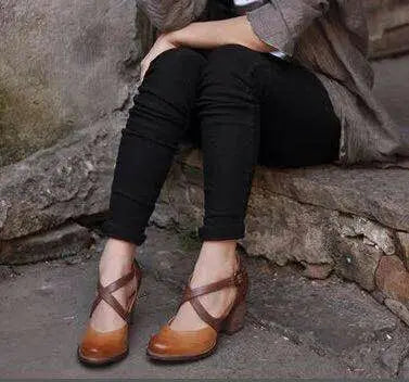 Women's Leather-Style Summer Heels | Light Brown Block Heel