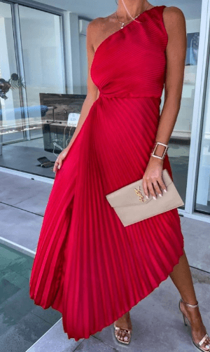 Women's One Shoulder Pleated Midi Dress | Ring Waist Statement Style