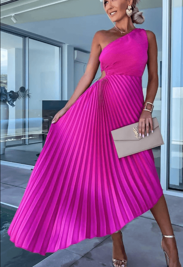 Women's One Shoulder Pleated Midi Dress | Ring Waist Statement Style