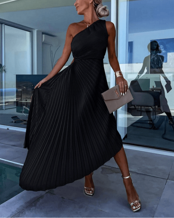 Women's One Shoulder Pleated Midi Dress | Ring Waist Statement Style