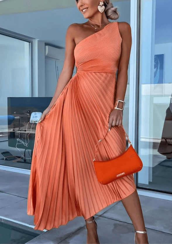 Women's One Shoulder Pleated Midi Dress | Ring Waist Statement Style