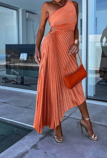 Women's One Shoulder Pleated Midi Dress | Ring Waist Statement Style
