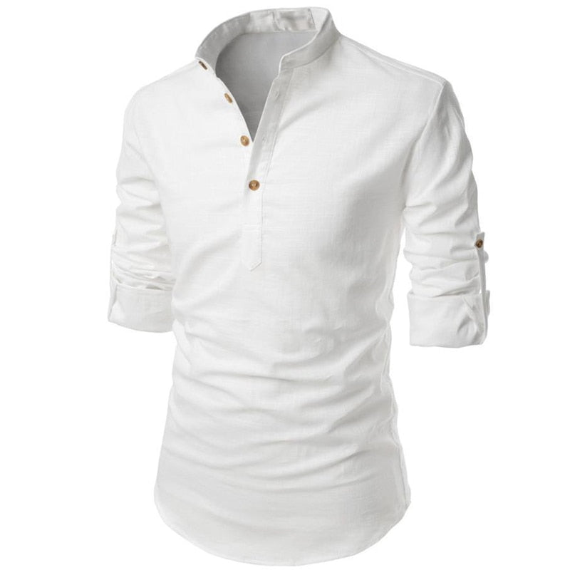 Men's Linen Style Long Sleeve Shirt | Band Collar Summer Style