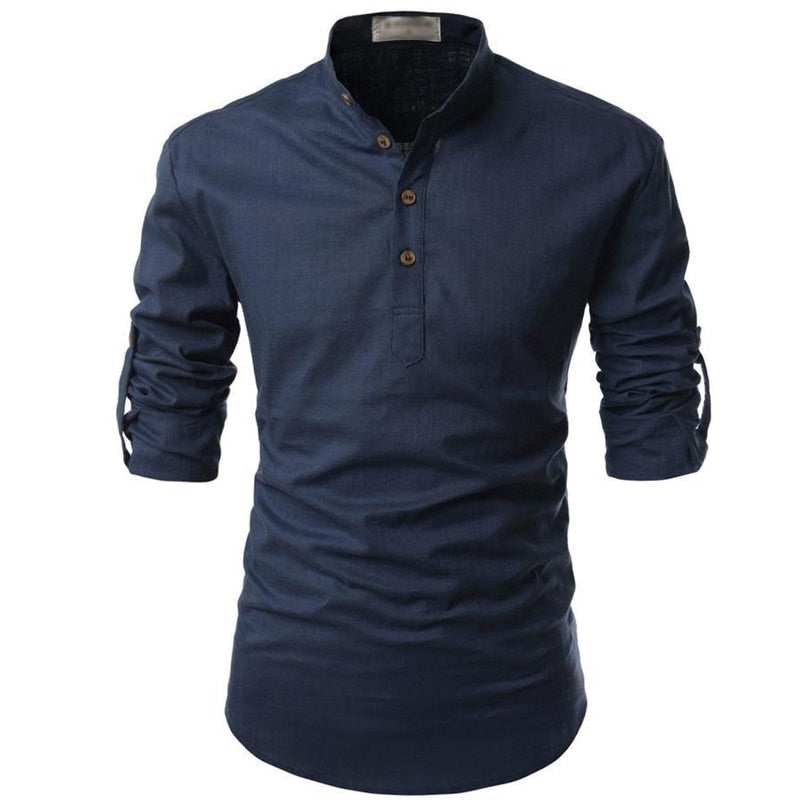 Men's Linen Style Long Sleeve Shirt | Band Collar Summer Style