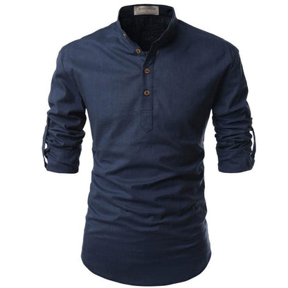 Men's Linen Style Long Sleeve Shirt | Band Collar Summer Style