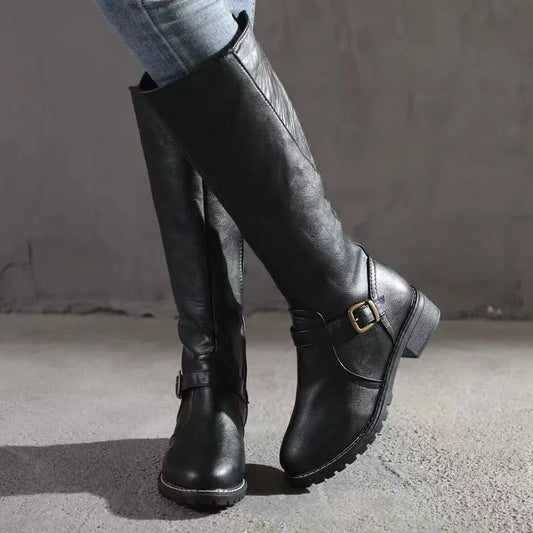 Women's Faux Leather Boots | Elegant Buckle Detail Style