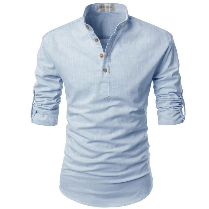 Men's Linen Style Long Sleeve Shirt | Band Collar Summer Style