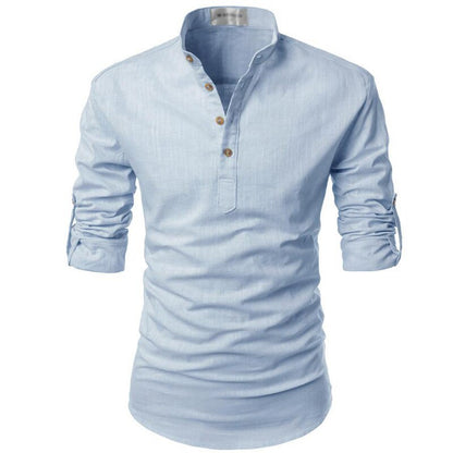 Men's Linen Style Long Sleeve Shirt | Band Collar Summer Style
