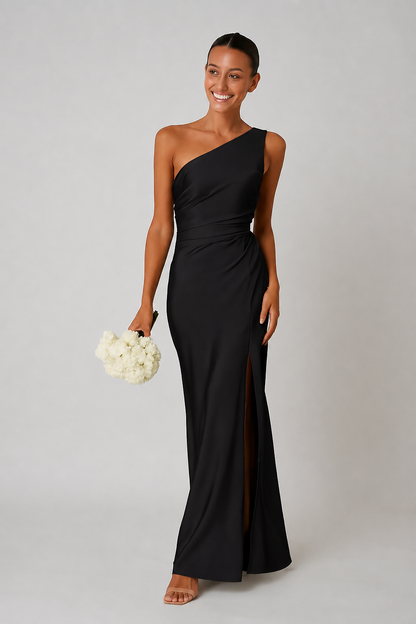 Women's One-Shoulder Maxi Dress | Satin Look Formal High Slit