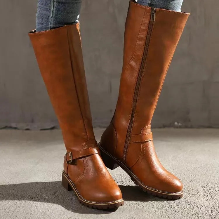 Women's Faux Leather Boots | Elegant Buckle Detail Style