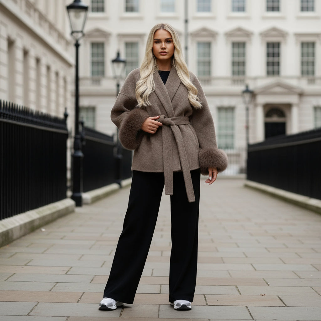 Women's Wrap Coat | Faux Fur Trim Oversized Style