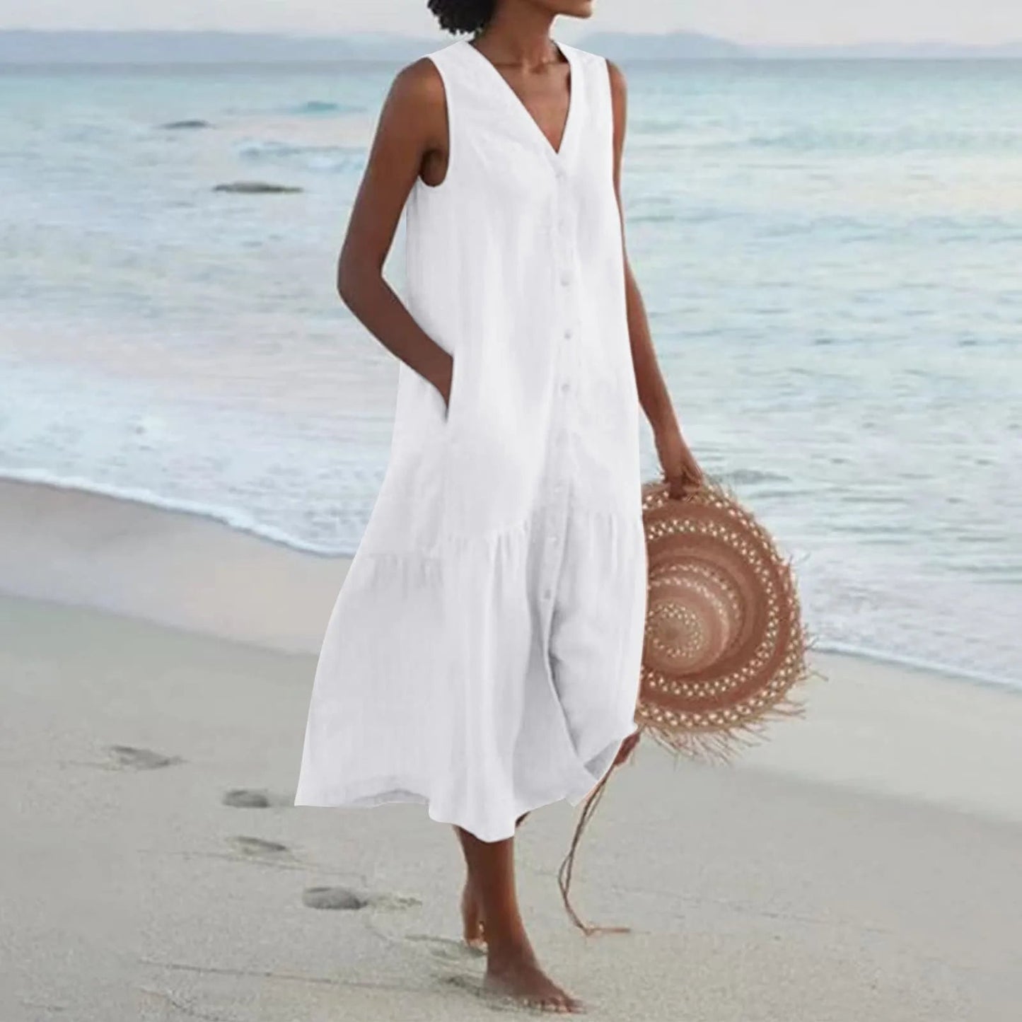 Women's Button-Front Midi Dress V-Neck
