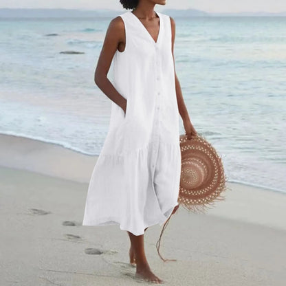 Women's Button-Front Midi Dress V-Neck
