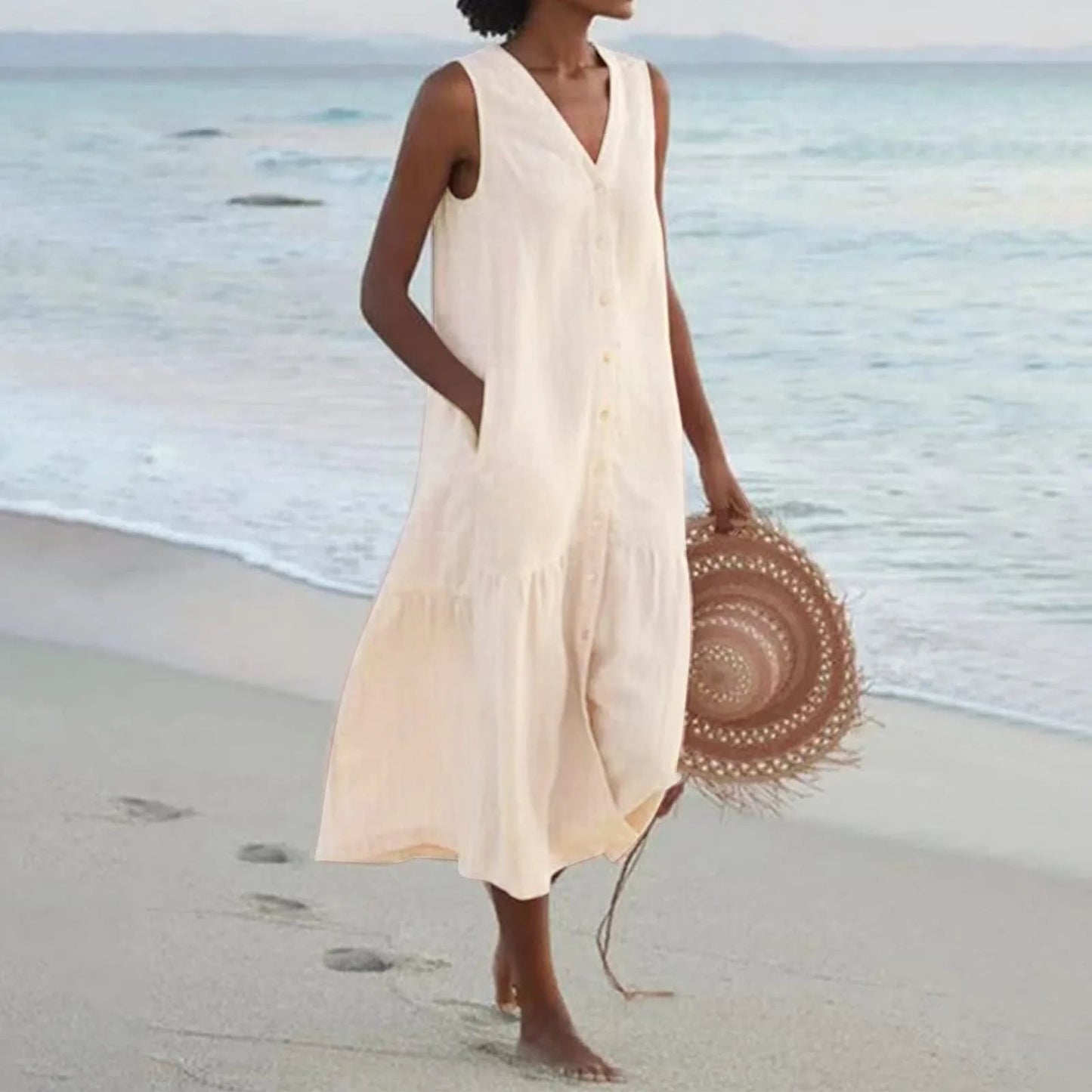 Women's Button-Front Midi Dress V-Neck