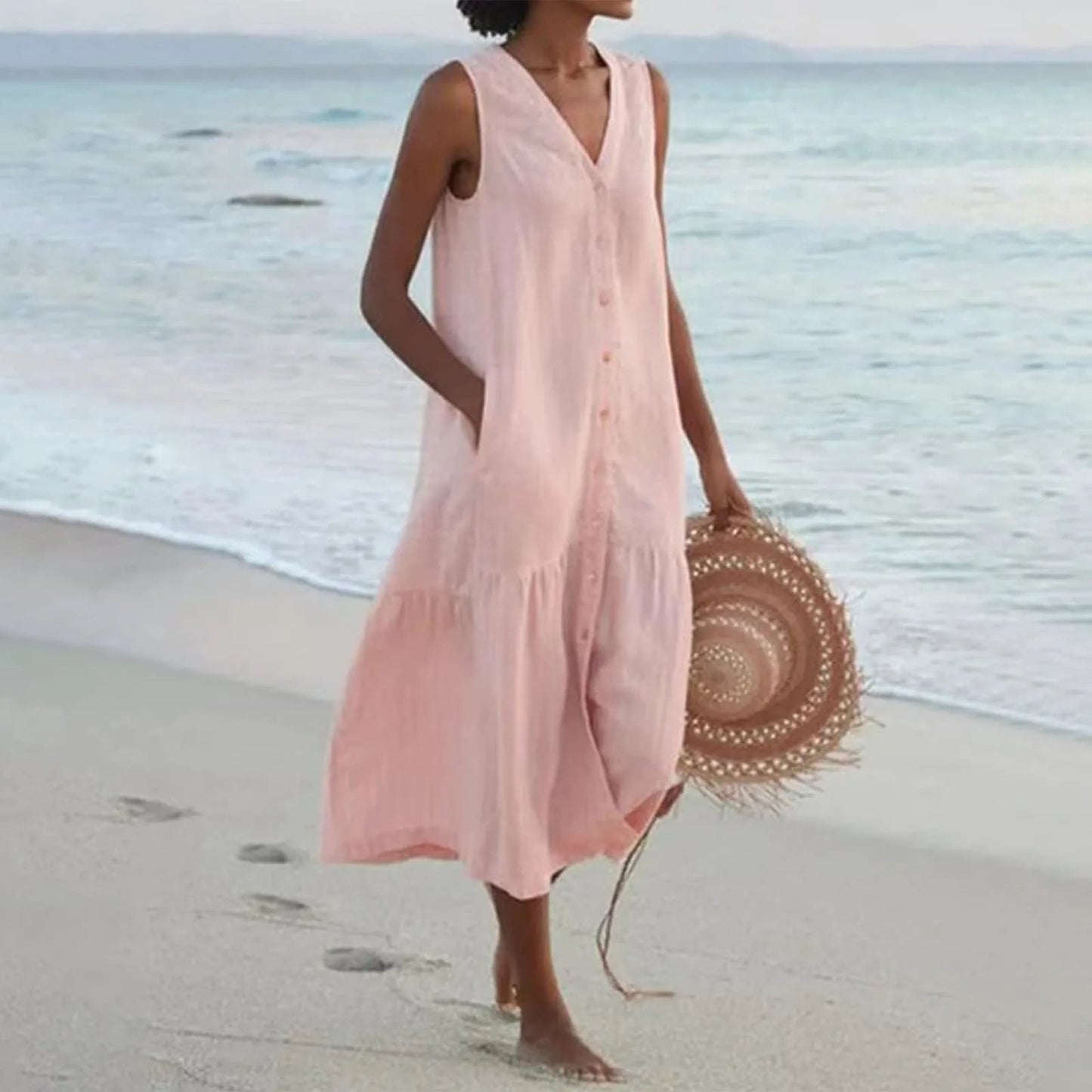 Women's Button-Front Midi Dress V-Neck
