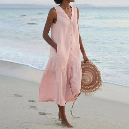 Women's Button-Front Midi Dress V-Neck