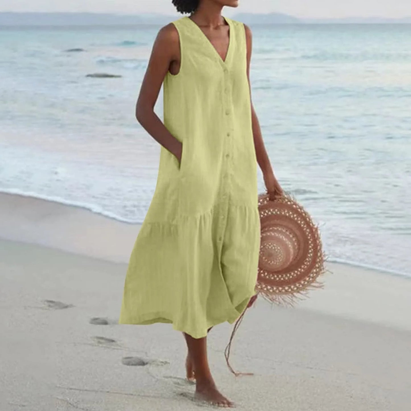 Women's Button-Front Midi Dress V-Neck