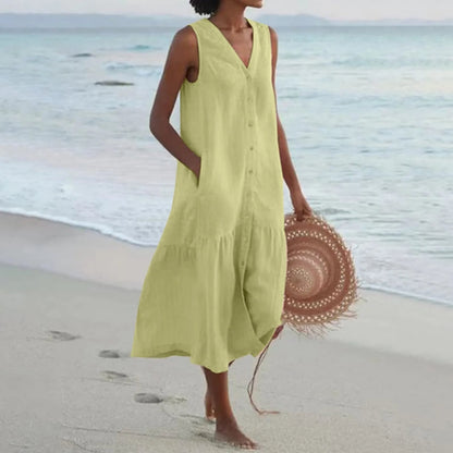 Women's Button-Front Midi Dress V-Neck
