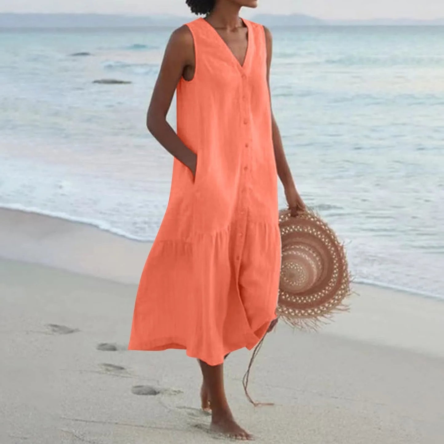 Women's Button-Front Midi Dress V-Neck